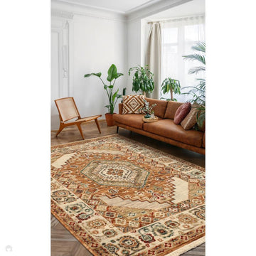 Nomad Traditional Persian Geometric Medallion Floral Border Textured Low-Profile Wool Blend Loop Pile Terracotta/Multicolour Rug-Melrose-Rug Love - The Most Loved Rug Store